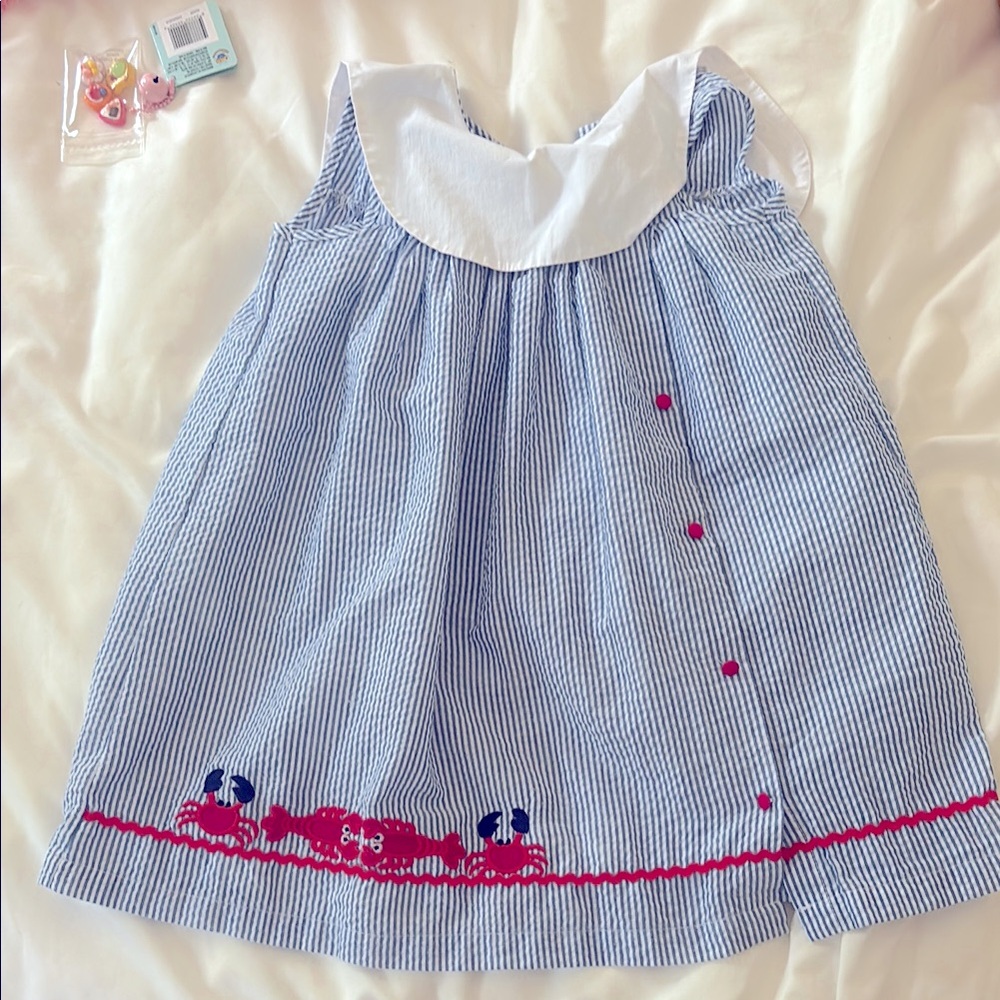 Blue & White Striped Girls' Sailor Dress with lobster Embroidery